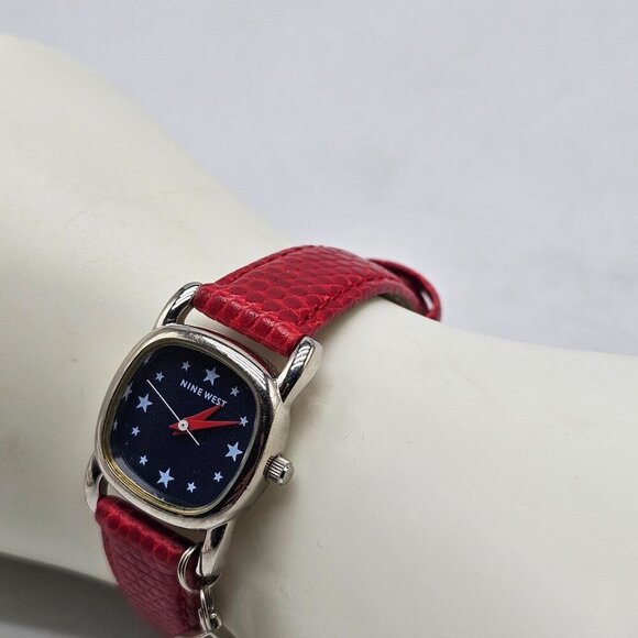 Nine West Womens Patriotic Watch With Red Faux Leather Strap Silver Tone Case - Picture 2 of 11